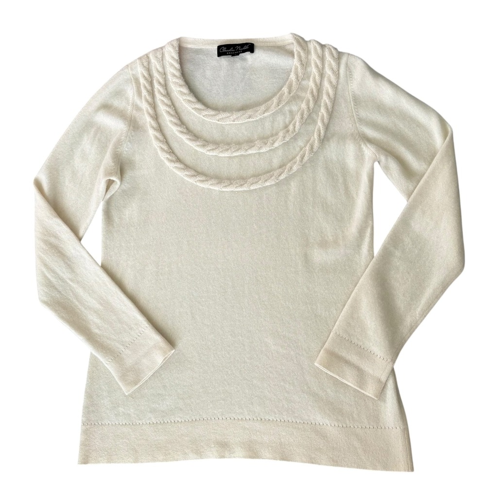 Claudia Nichole Cream 100% Cashmere Crewneck Sweater M Quite Luxury Old Money